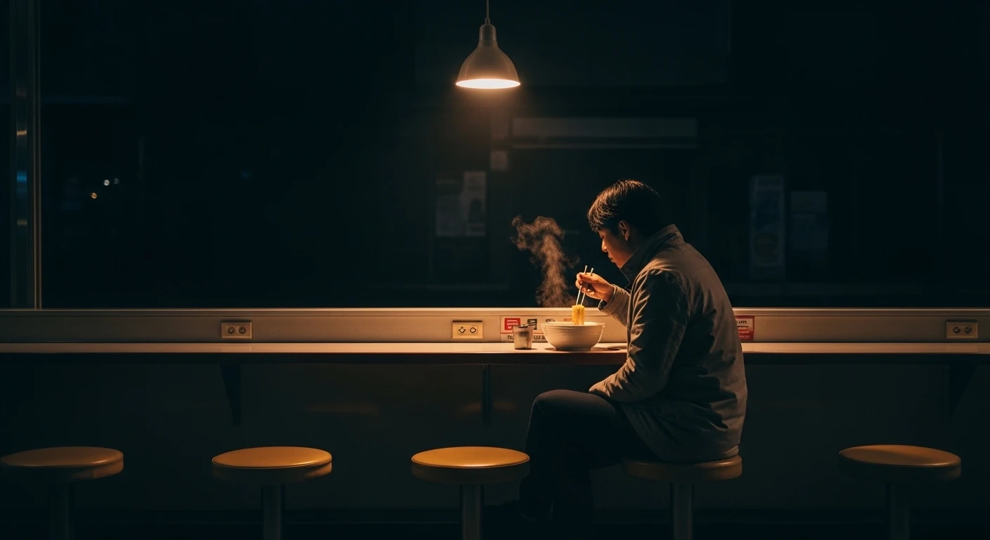 Person eating ramyeon alone at Korean convenience store counter late at night